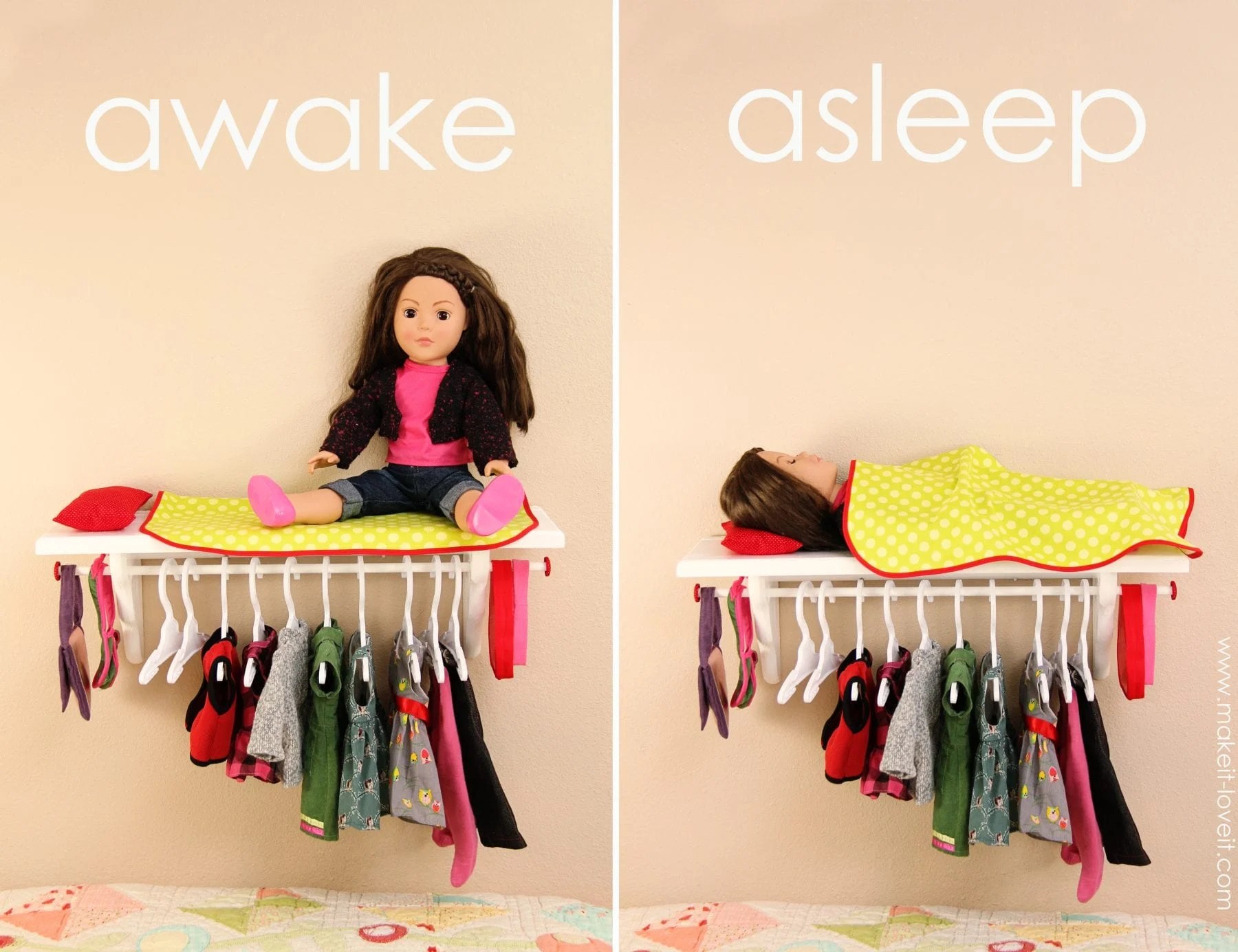 Turn a shelf into a Doll Bed with Clothing Storage (for 18 inch dolls