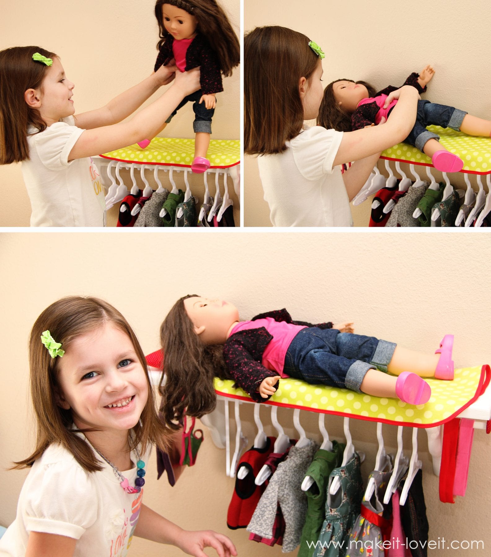 Turn a shelf into a Doll Bed with Clothing Storage (for 18 inch dolls