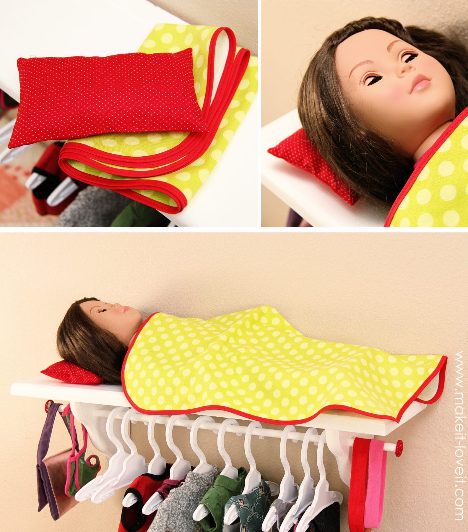 Turn a shelf into a Doll Bed with Clothing Storage (for 18 inch dolls