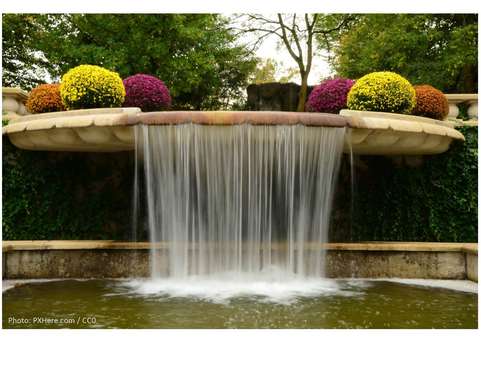 Digital Free Zone, a small garden waterfall cascades over a short concrete ledge into a shallow pool below.