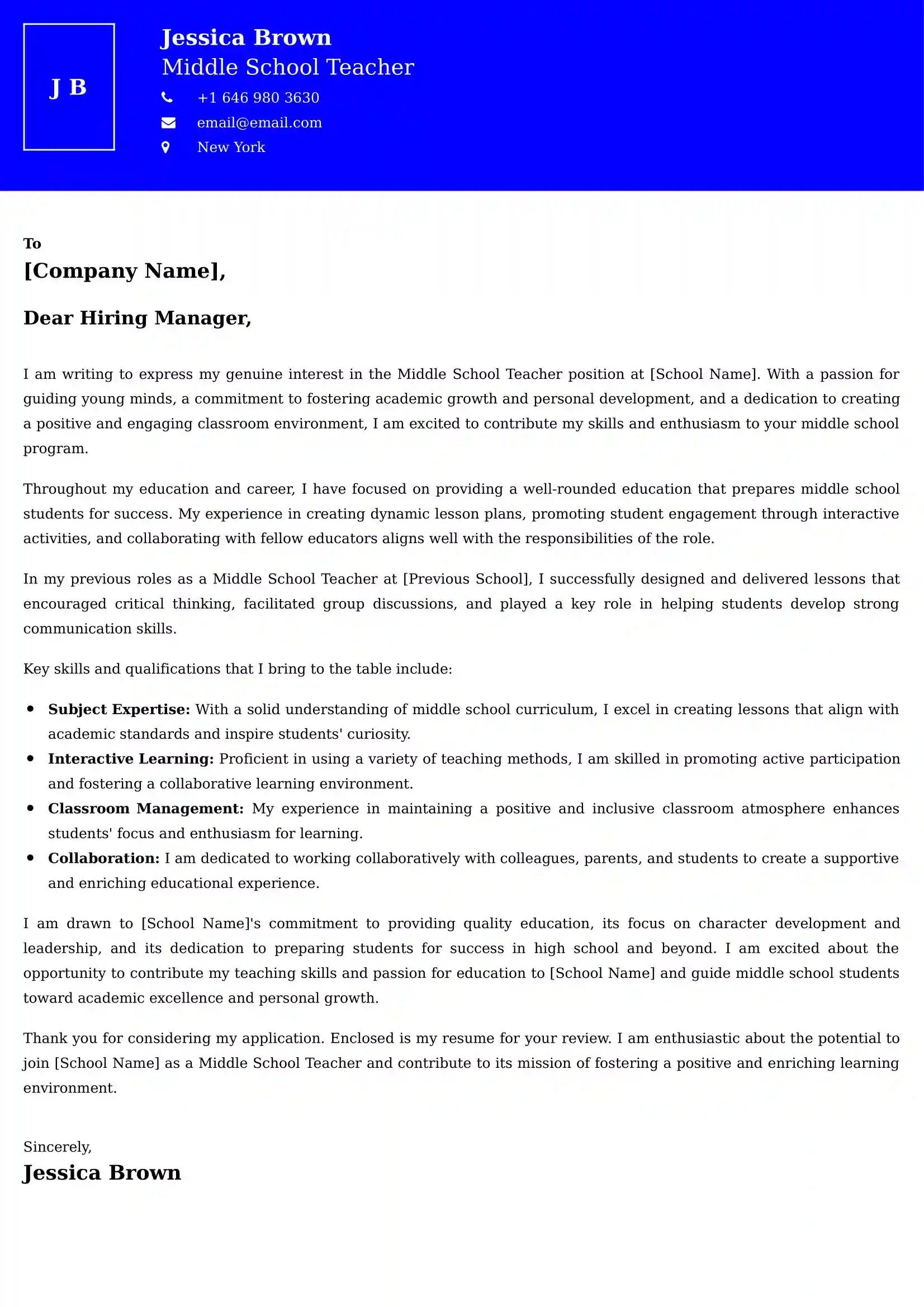 Middle School Teacher Cover Letter Examples UAE ATS Format