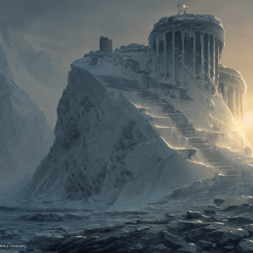 An AI generated image of a desolate artic temple.
