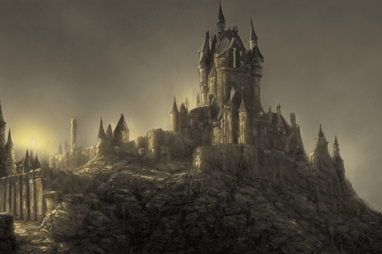 An AI generated image of a spooky castle at night with the rising moon.