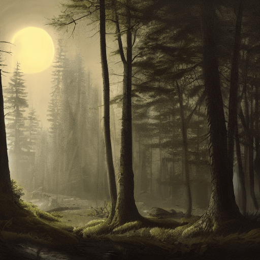 An AI generated image of a spooky forest at night with a rising moon.