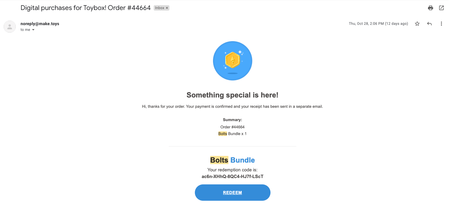 How do I redeem my bolts? Toybox Labs
