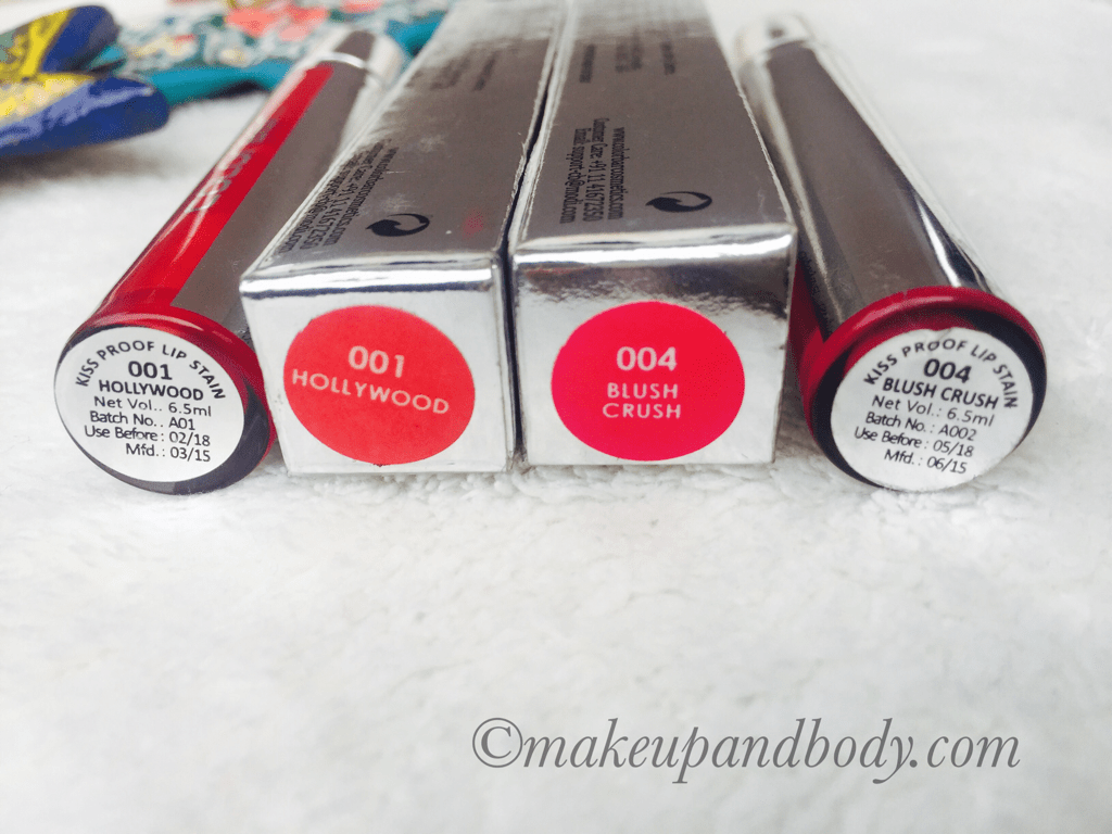 Colorbar Kiss Proof Lip Stain 001 Hollywood and 004 Blush Crush Review