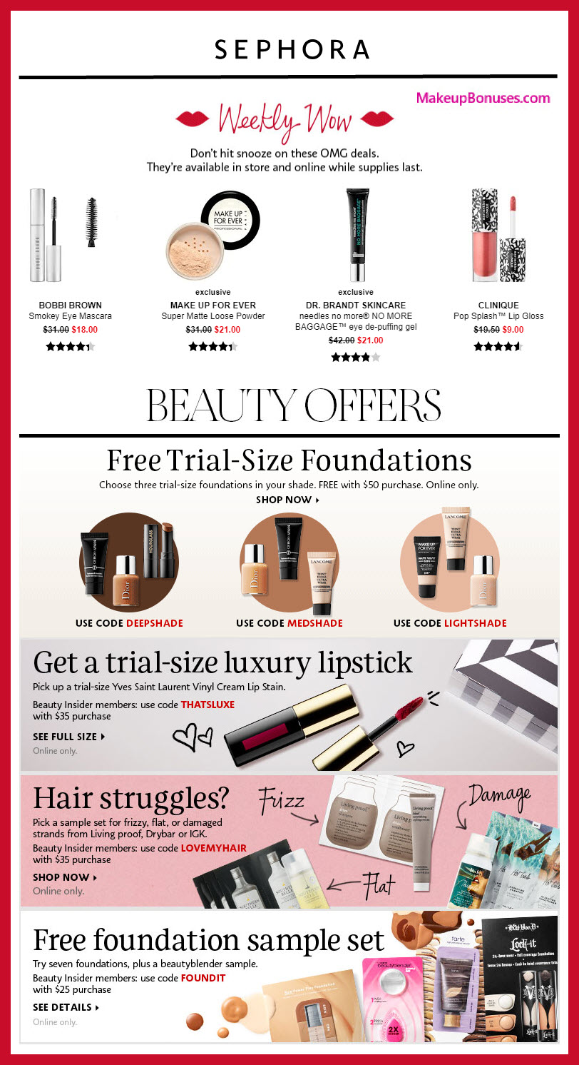 Sephora Weekly Wow & Sales from 10 Brands Makeup Bonuses