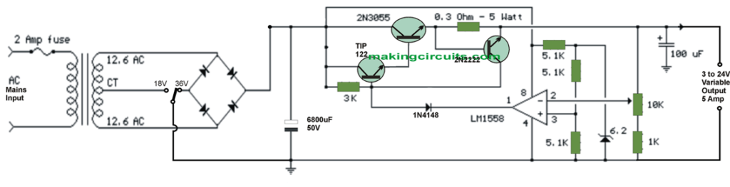 Simple 024V/5Amp Variable Power Supply Circuit with Transistors