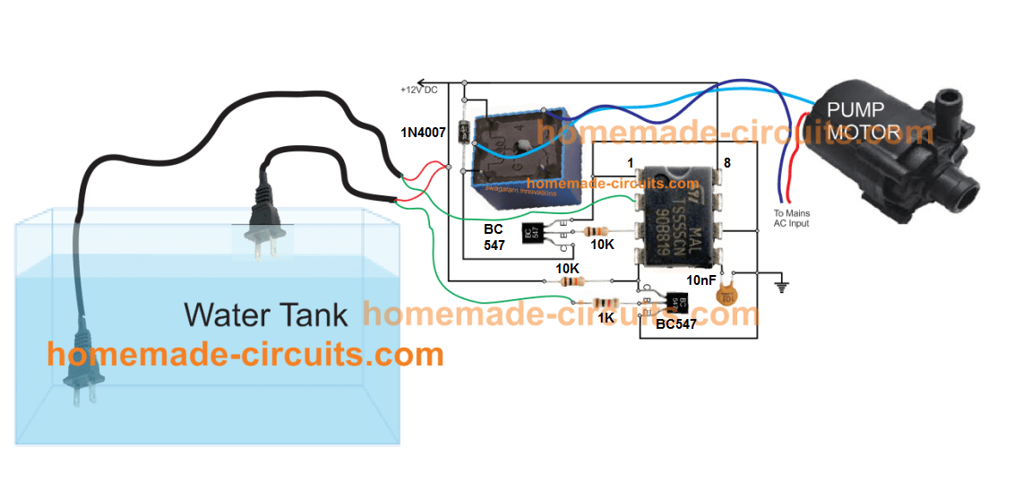 IC 555 Automatic water Level Controller Circuit