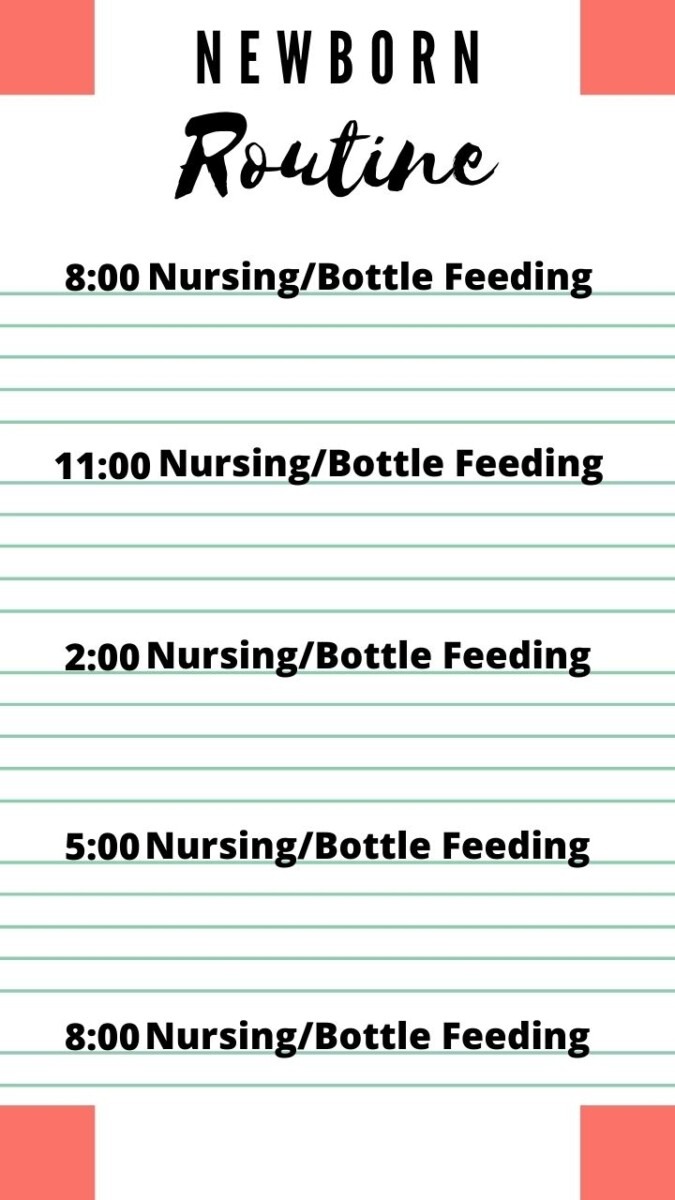 8:00 Nursing/Bottle Feeding
11:00 Nursing/Bottle Feeding
2:00 Nursing/Bottle Feeding
5:00 Nursing/Bottle Feeding
8:00 Nursing/Bottle Feeding