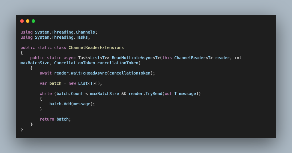 C How to batch read with Threading.ChannelReader makolyte