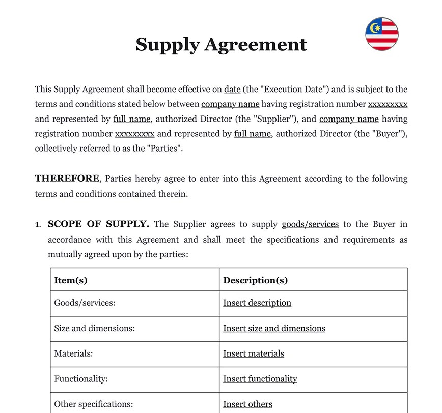 Supply Agreement in Malaysia Download Word Template (.doc)