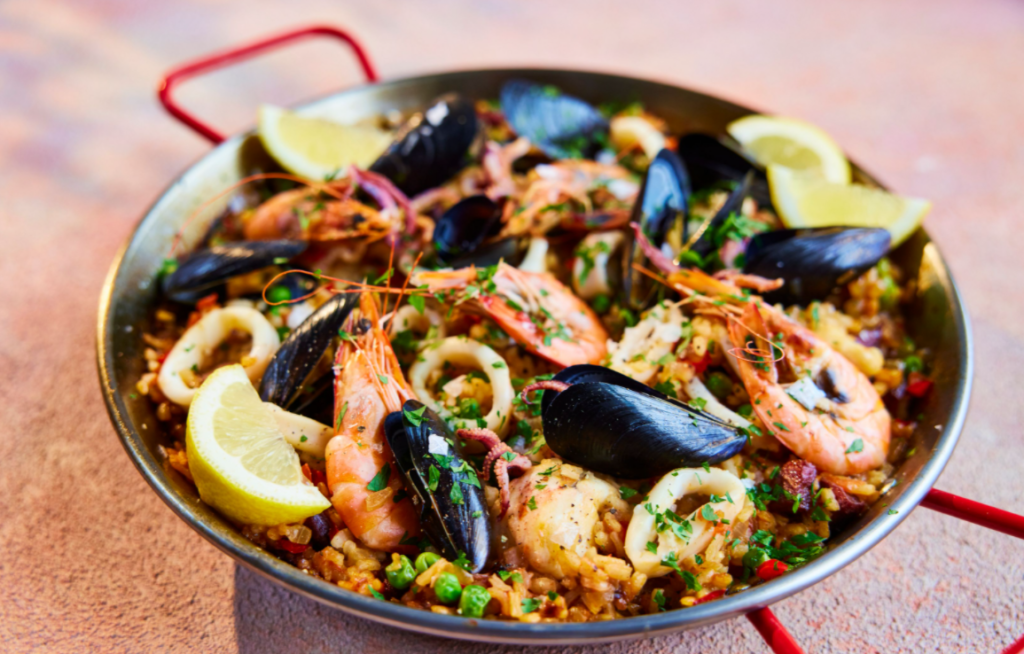 Spanish Paella with Monkfish, Prawns, Squid and Mussels
