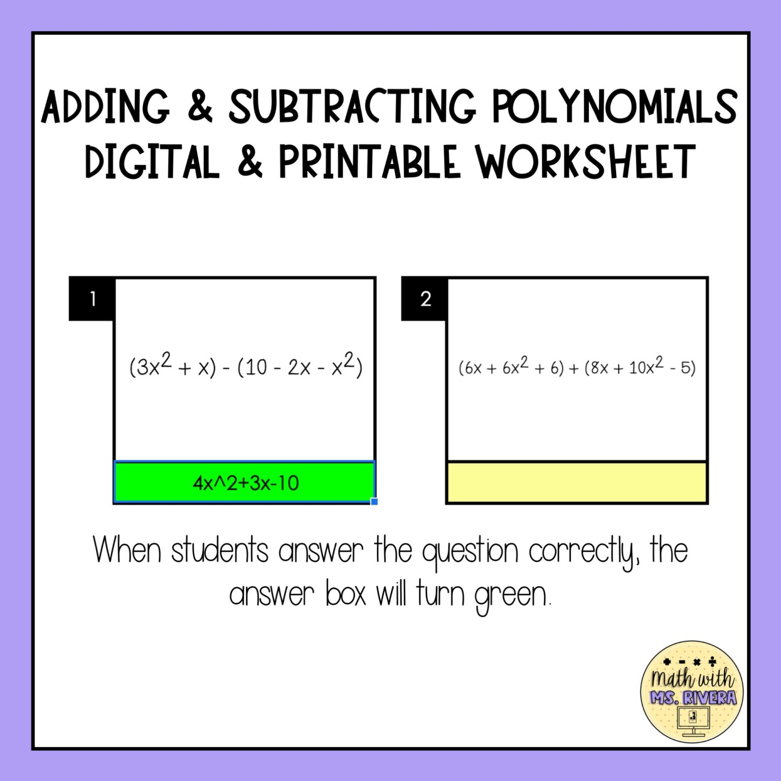 Adding and Subtracting Polynomials Digital & Printable Worksheet Math