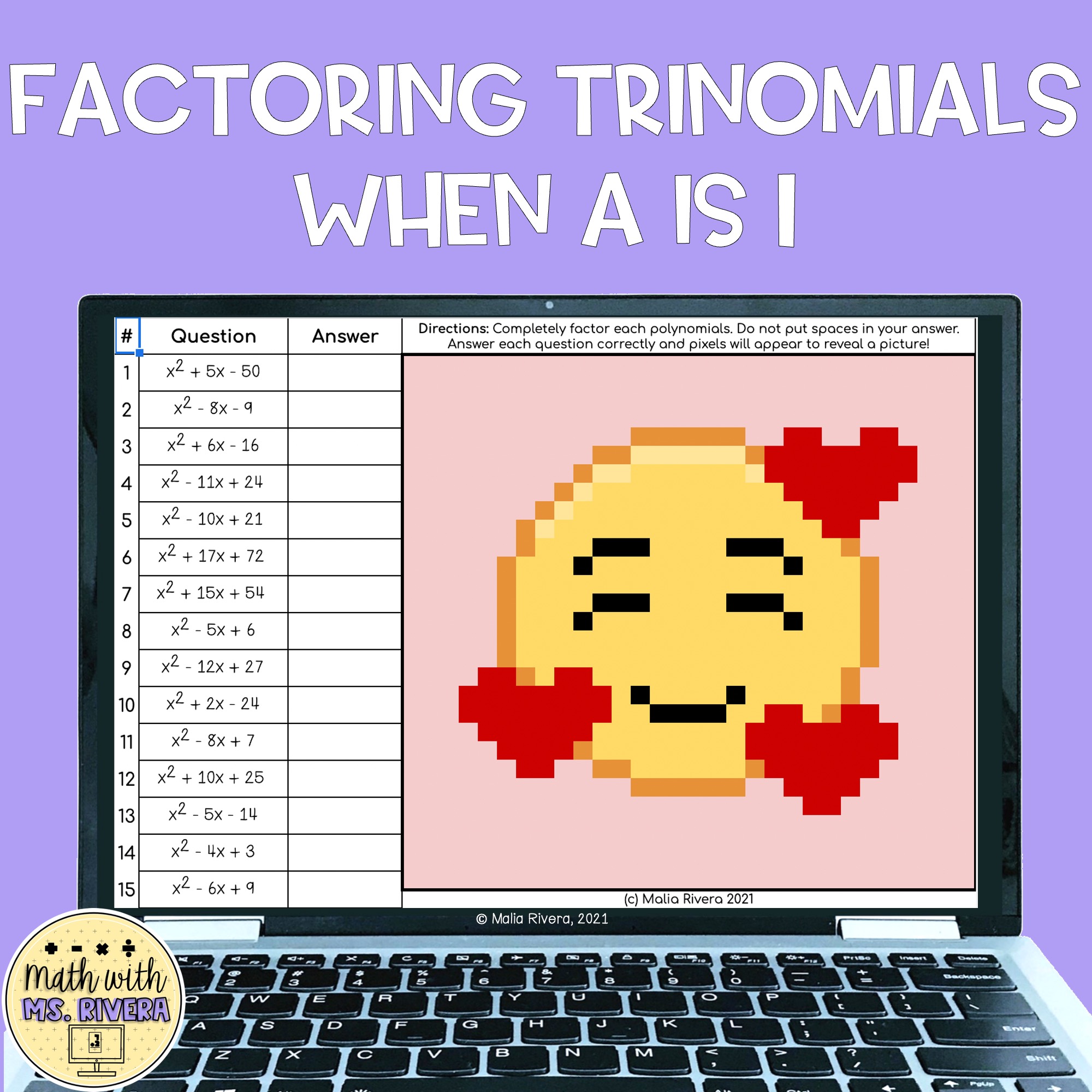 Factoring Trinomials When A is 1 Digital Pixel Art Math with Ms. Rivera
