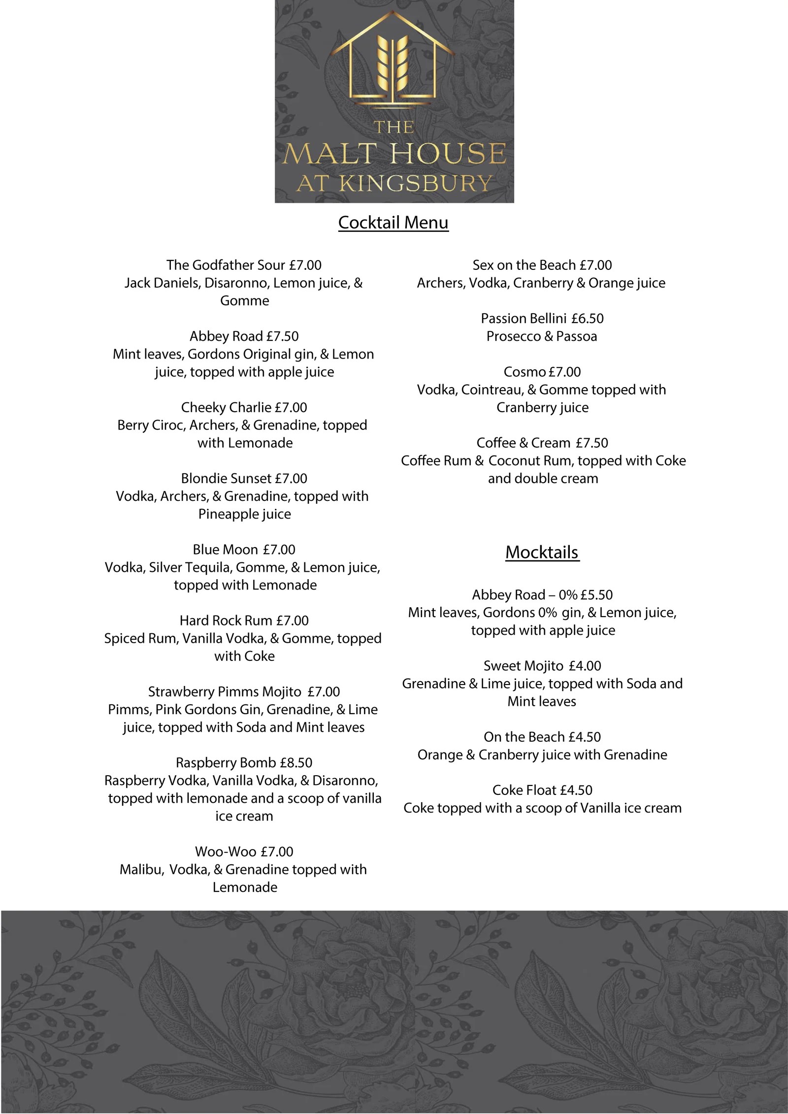 Menus The Malt House at Kingsbury Vik's Pubs LTD