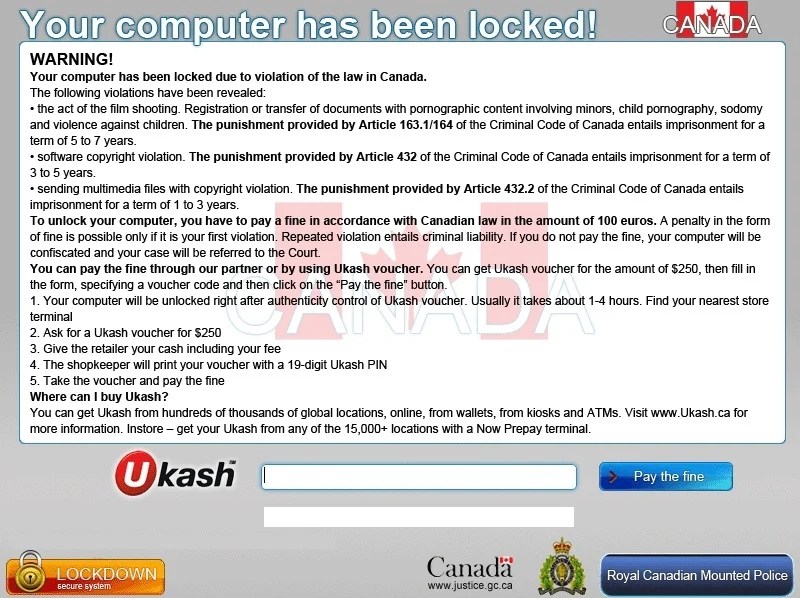 Remove Your computer has been locked (Canadian Police) FAKE ALERT