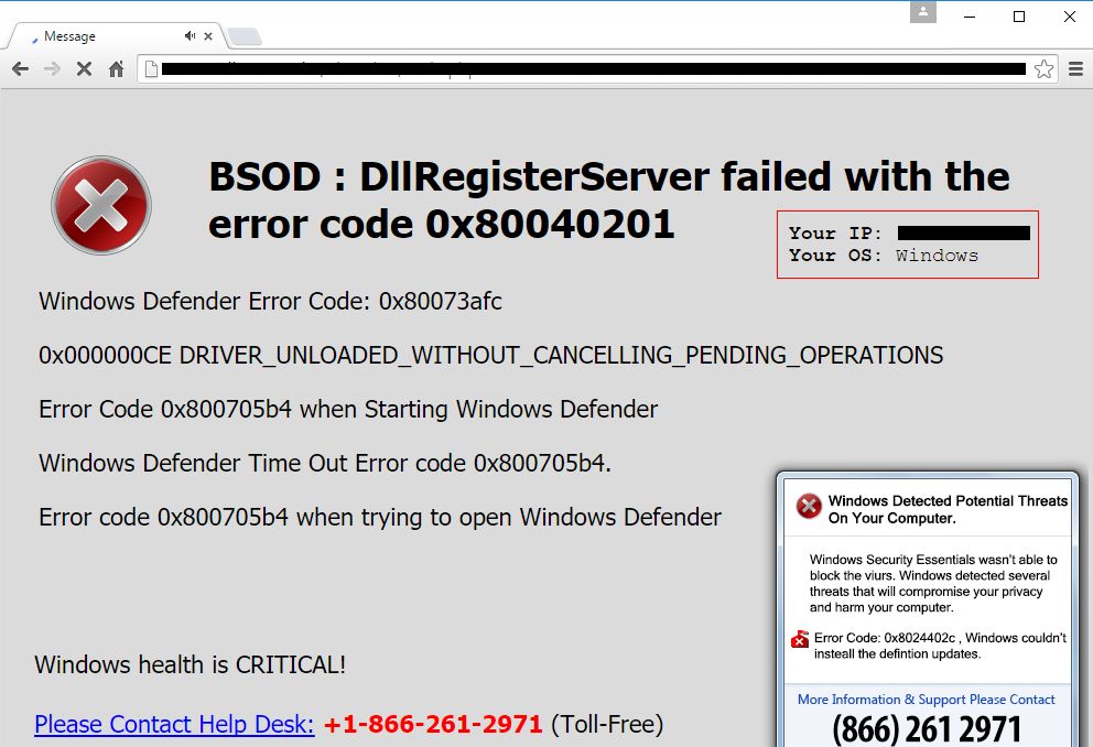 Remove "BSOD DllRegisterServer failed" popup virus (Support Scam)