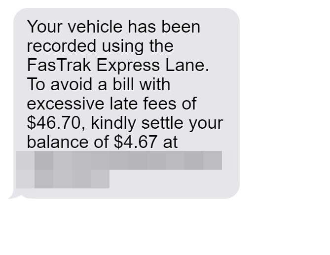 Beware The FAKE FasTrak Lane "Avoid Excessive Late Fees" Scam Texts(04)