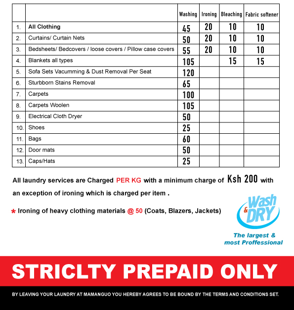 Hotel Laundry Service Price List