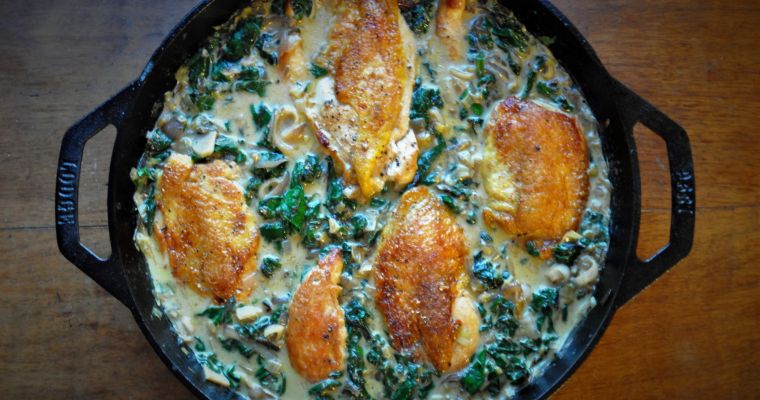  Skillet chicken with creamed beat leaves