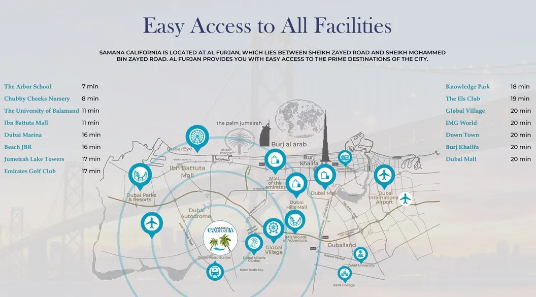 Samana California Residence at Al Furjan, Dubai Location Map