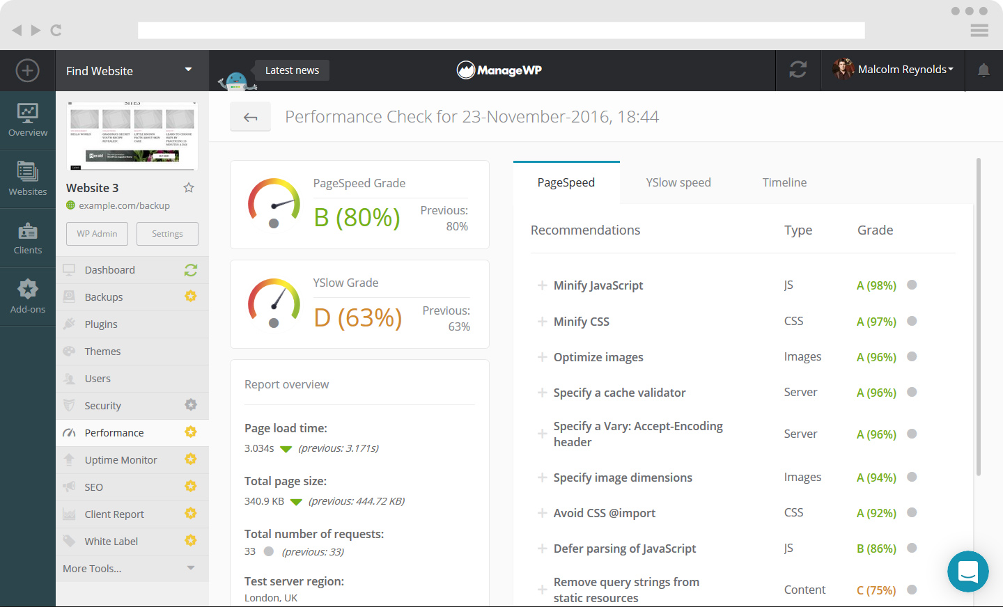 How to check your WordPress website performance ManageWP