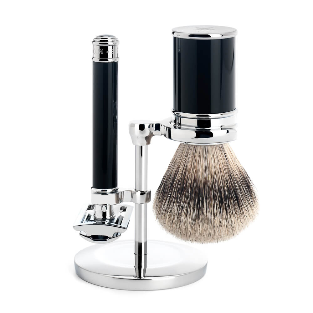 Muhle Safety Razor Set Black, with Silver Tip Badger Brush Mancave