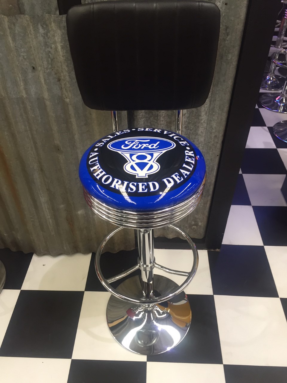 Ford V8 Stool with Backrest Stools Mancave Madness