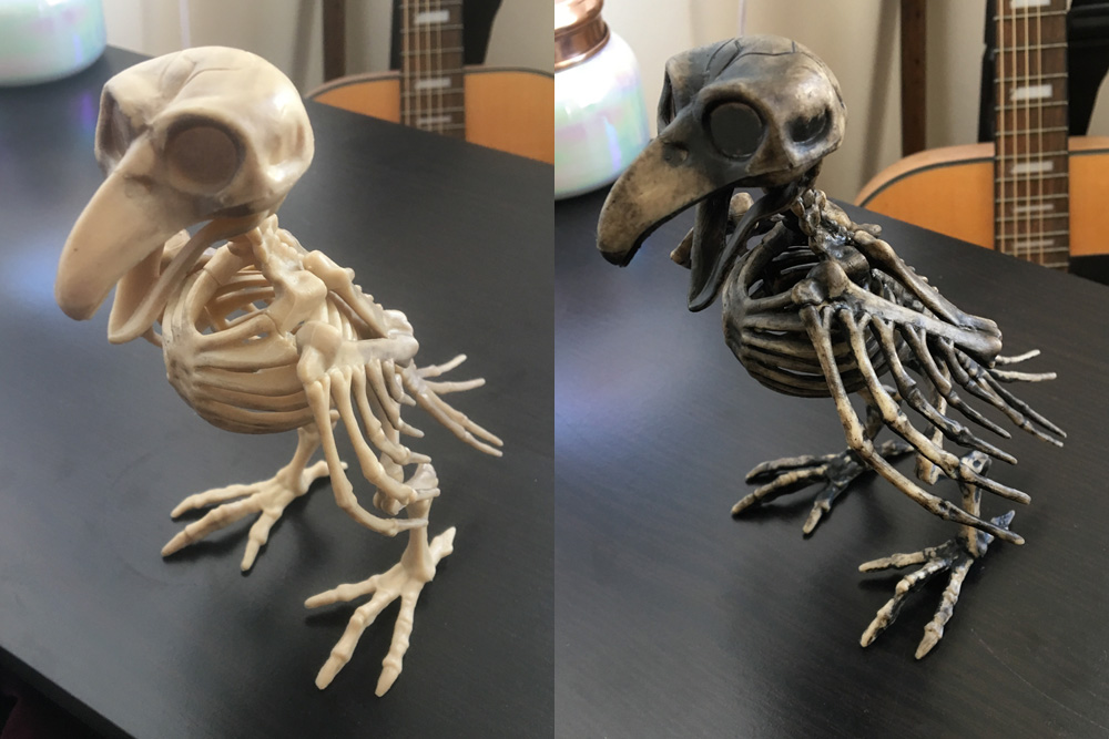 Repainting a plastic bird skeleton Halloween prop Manning Makes Stuff