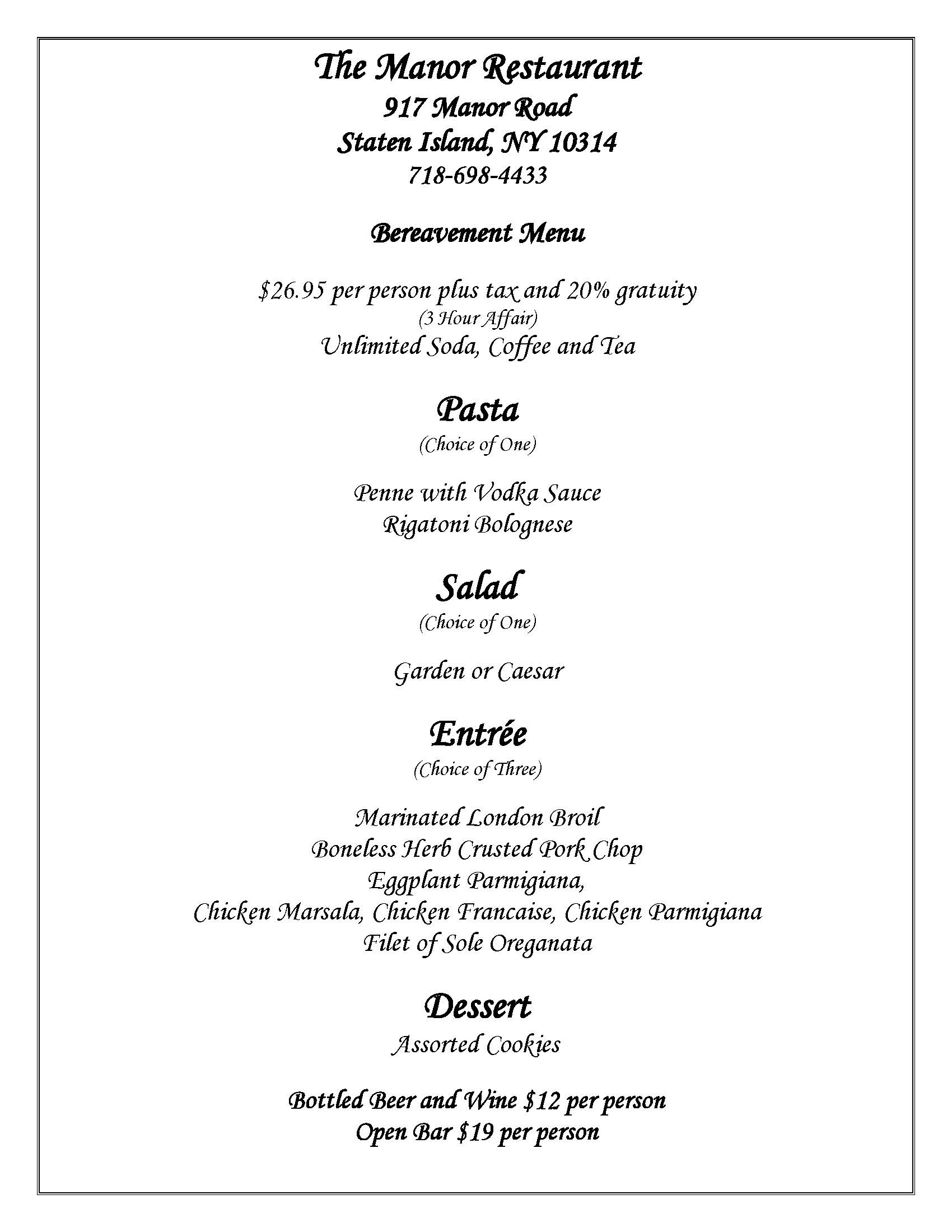 Bereavement Menu The Manor Restaurant