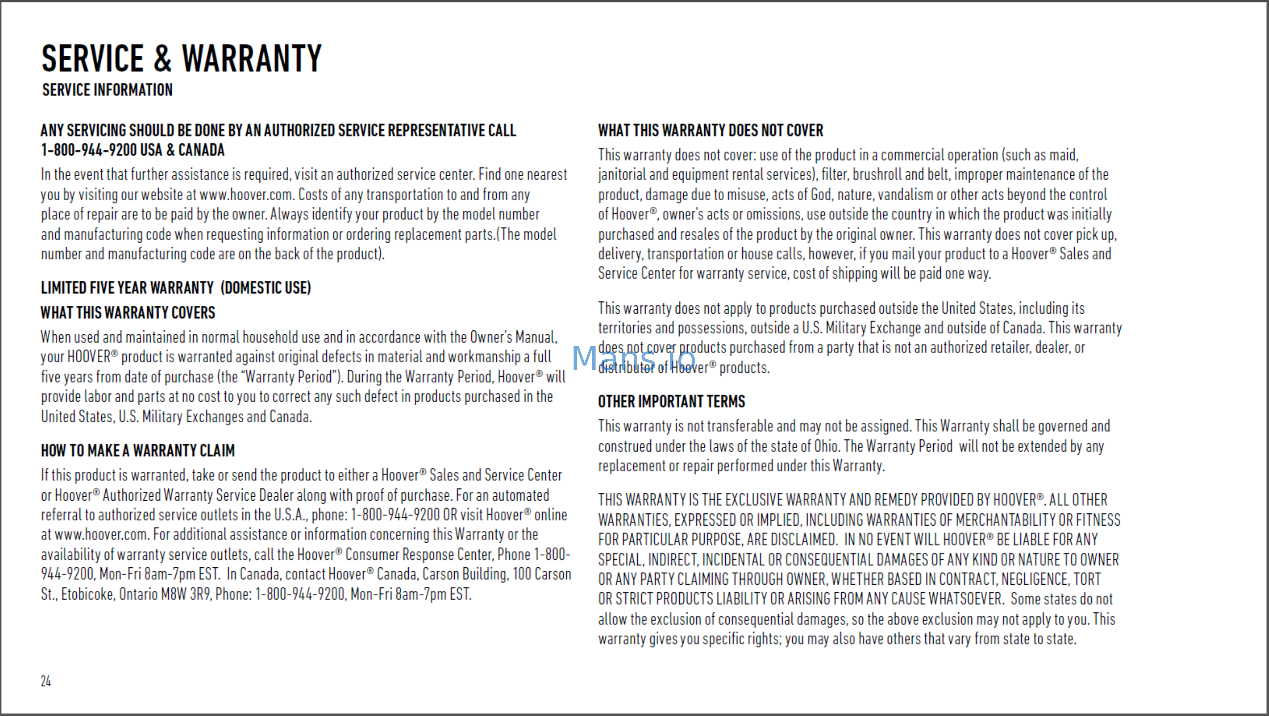 Hoover FH52002 Warranty online