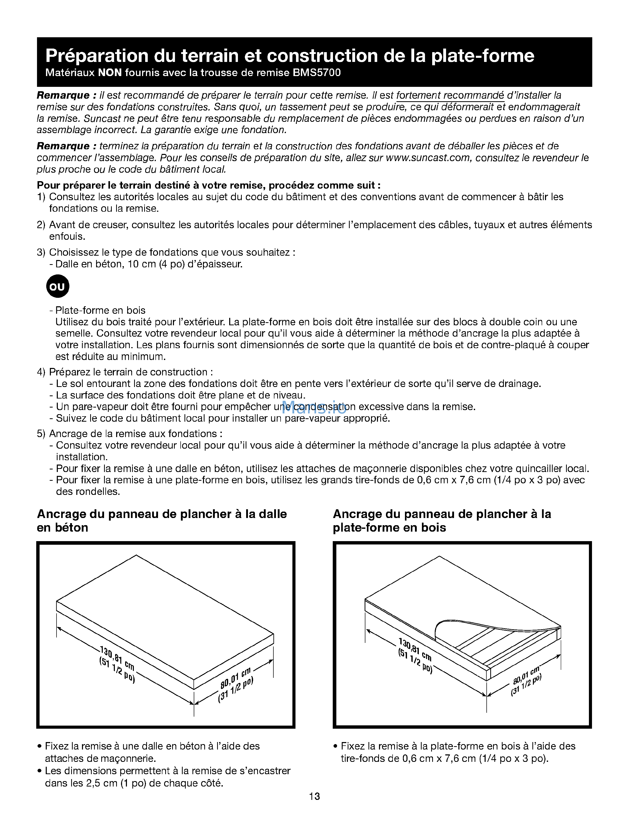 Suncast BMS5700SB [13/40] Préparation du terrain et construction de la