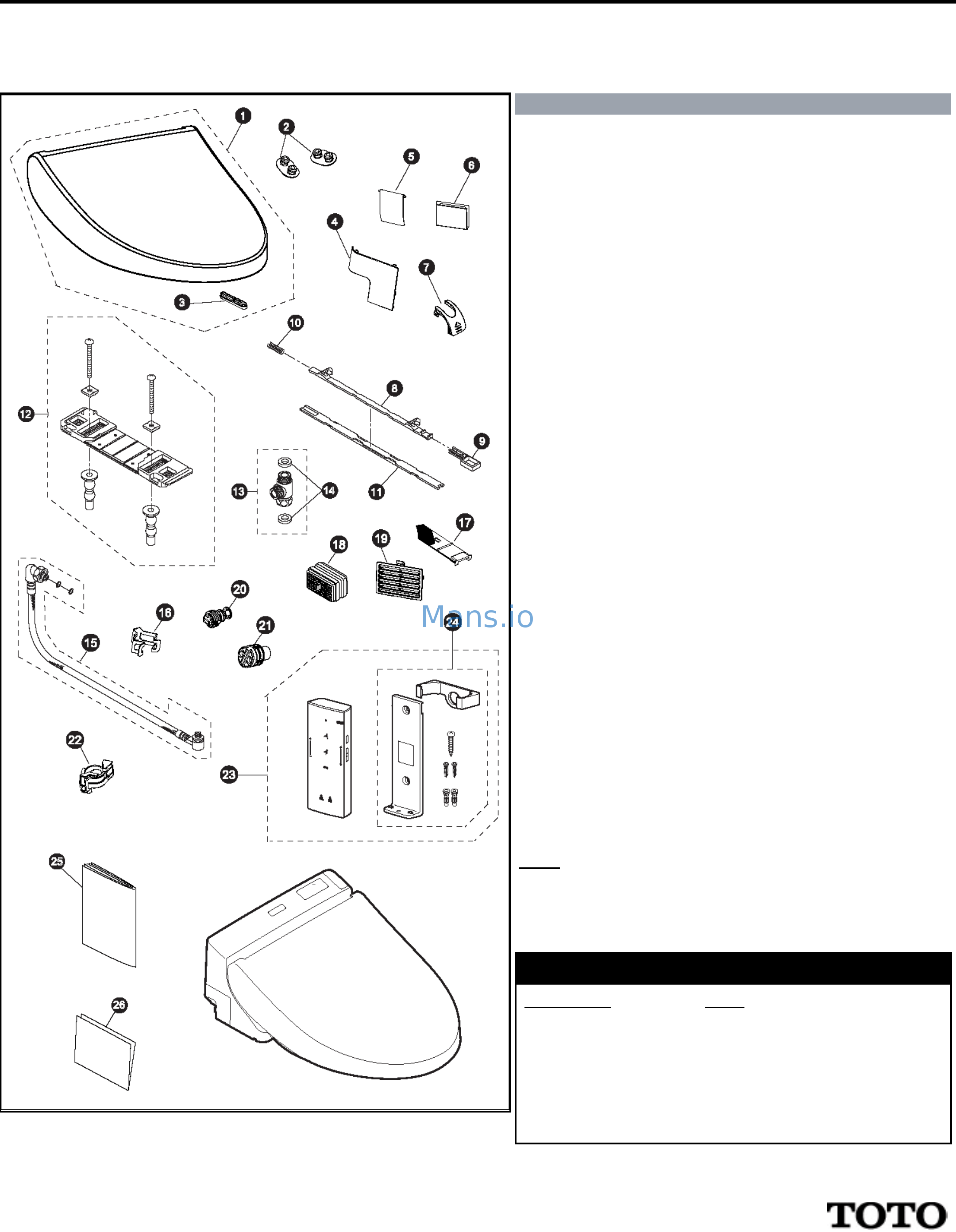 TOTO sw204401 Replacement Part List online