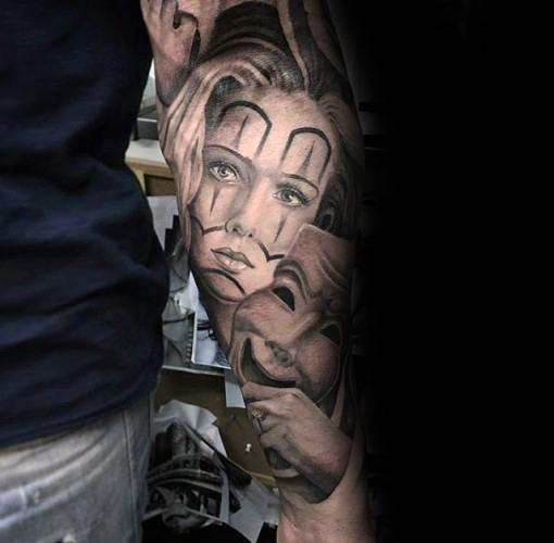 60 Drama Maske Tattoo Designs für Männer Theater Ink Ideas Mann