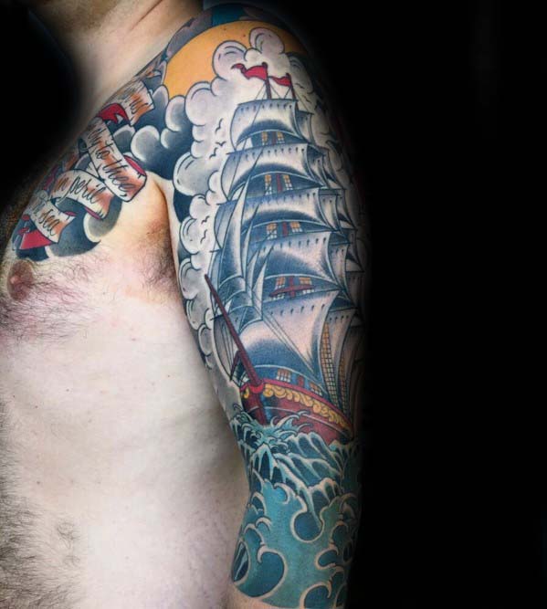 40 nautische Ärmel Tattoos für Männer Seafaring Ink Deisgn Ideen