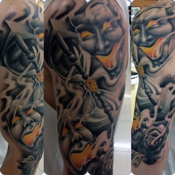 60 Drama Maske Tattoo Designs für Männer Theater Ink Ideas Mann