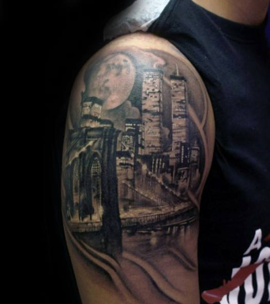 70 Stadt Skyline Tattoo Designs für Männer Downtown Ink Ideen Mann Stil Tattoo