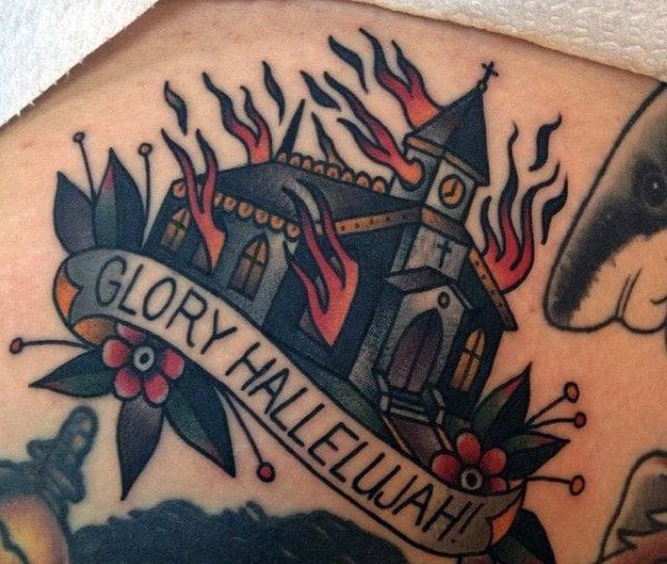 60 brennende Kirche Tattoo Designs für Männer flammende Tinte Ideen