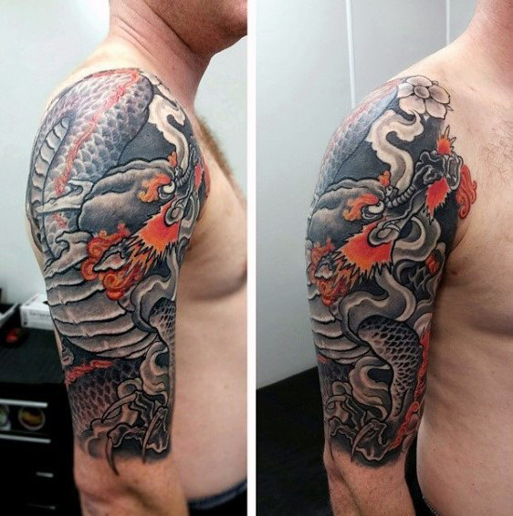 30 Dragon Half Sleeve Tattoos für Männer Feuer speienden DesignIdeen