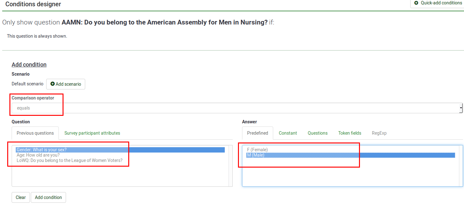 Setting conditions LimeSurvey Manual