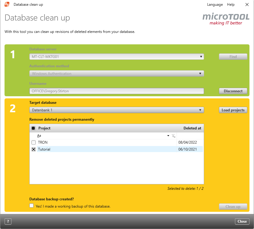 Dialog for ‘Database Clean Up’ › microTOOL Hilfeseiten