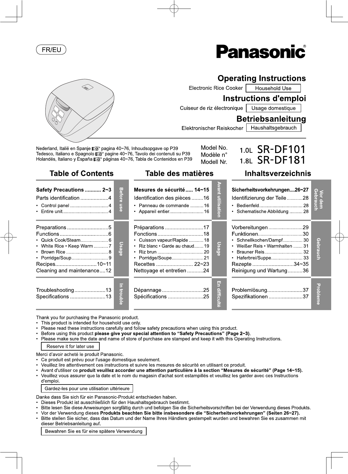 Manual de uso Panasonic SRDF101 Arrocera