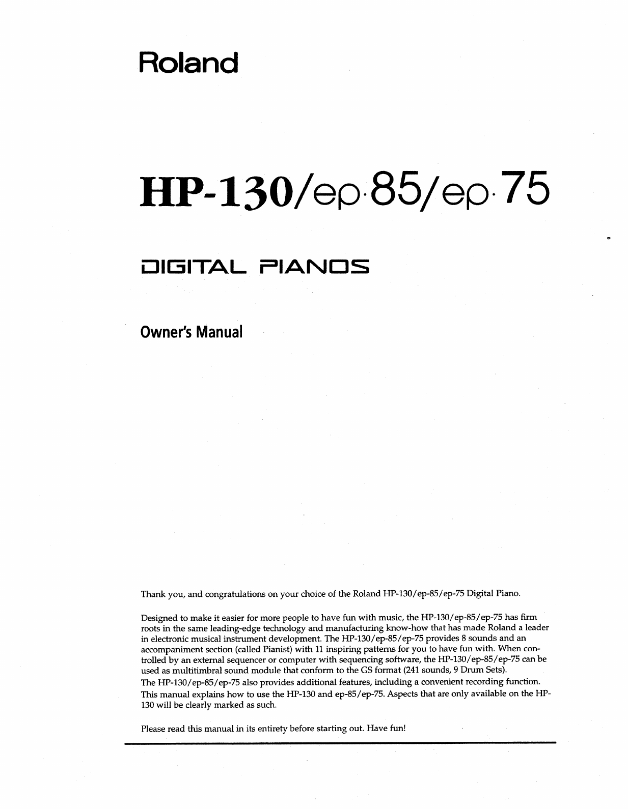 Manual Roland EP75 Digital Piano