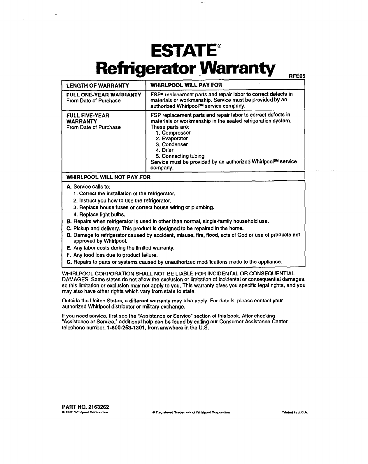 Whirlpool lT20AK, lT20BK, TT18CK, TT18EK ESTATE Refrigerator Warranty RFEC