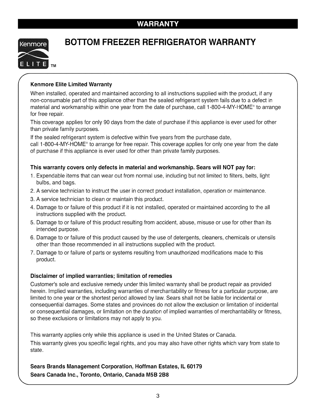 Kenmore 795.7104 BOTTOM FREEZER REFRIGERATOR WARRANTY