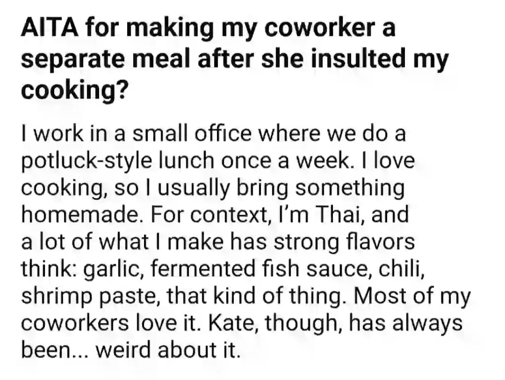 AITA For Making My Coworker A Separate Meal After What She Told About