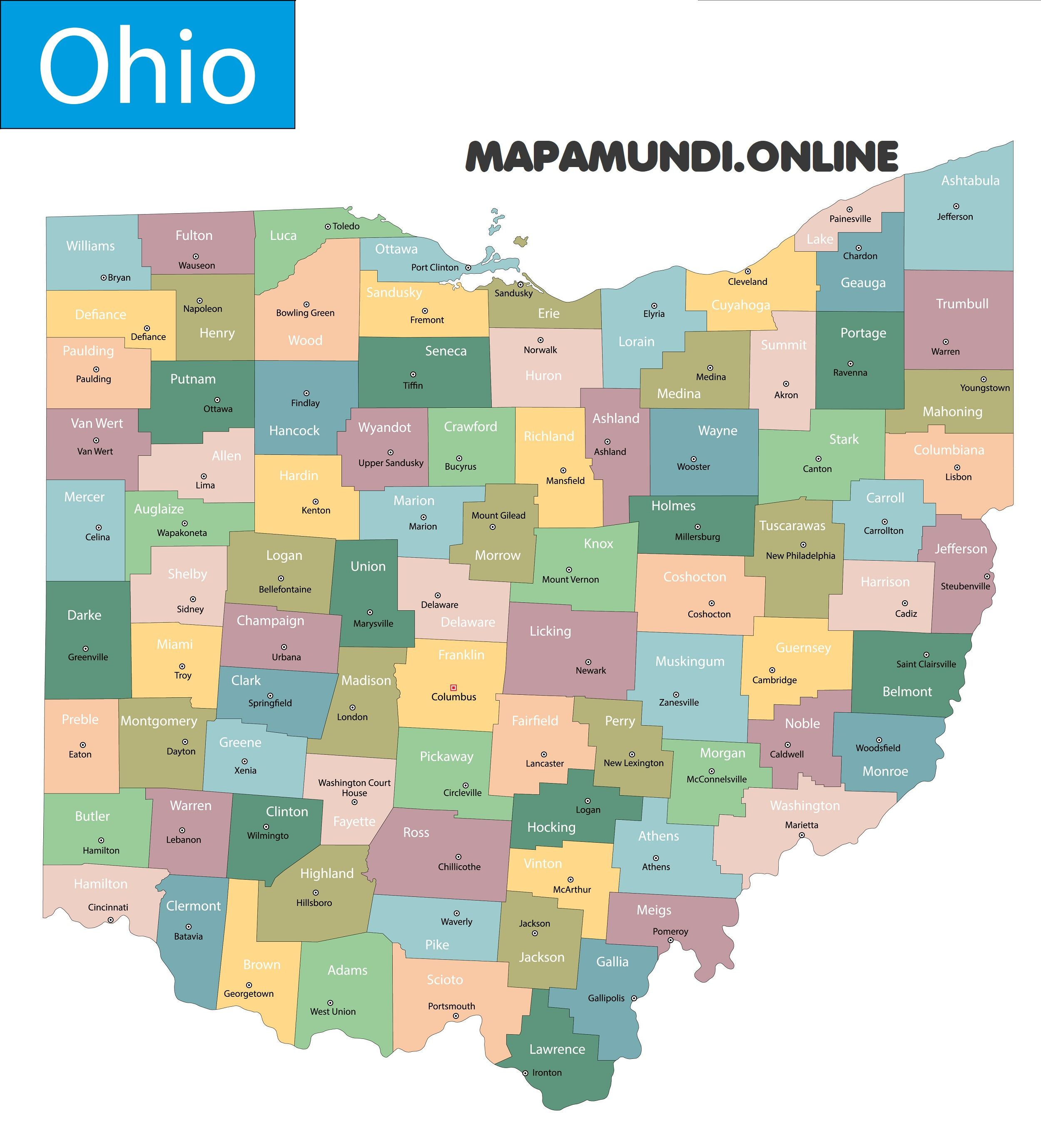 ⊛ Mapa de Ohio 🥇 Político y Físico Imágenes HD 2023