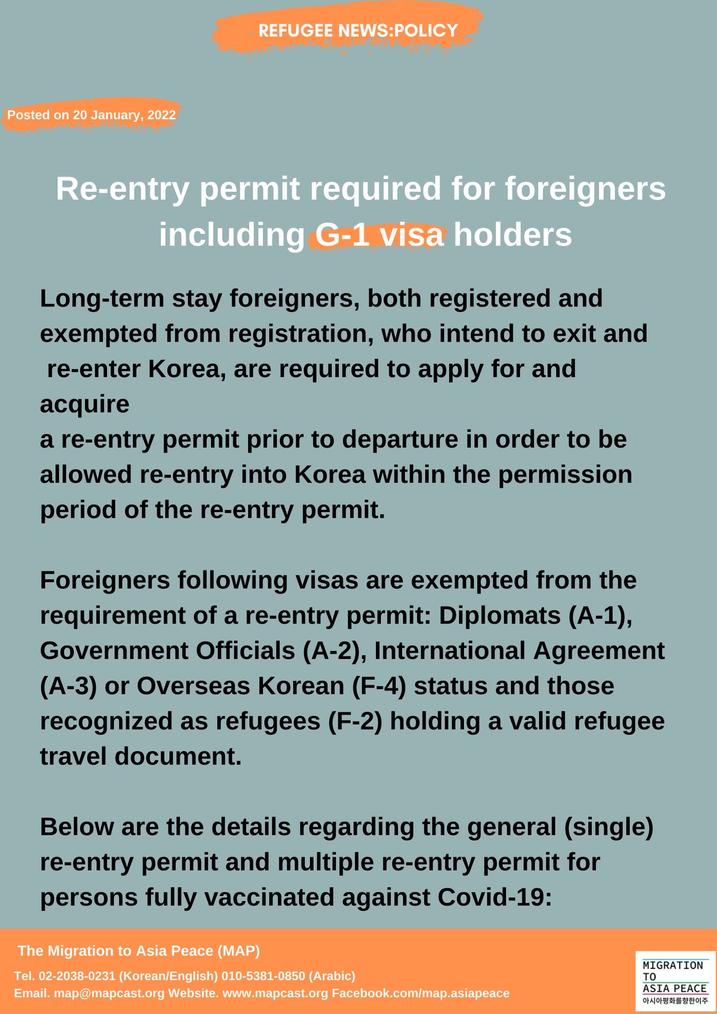Reentry permit required for foreigners including G1 visa holders