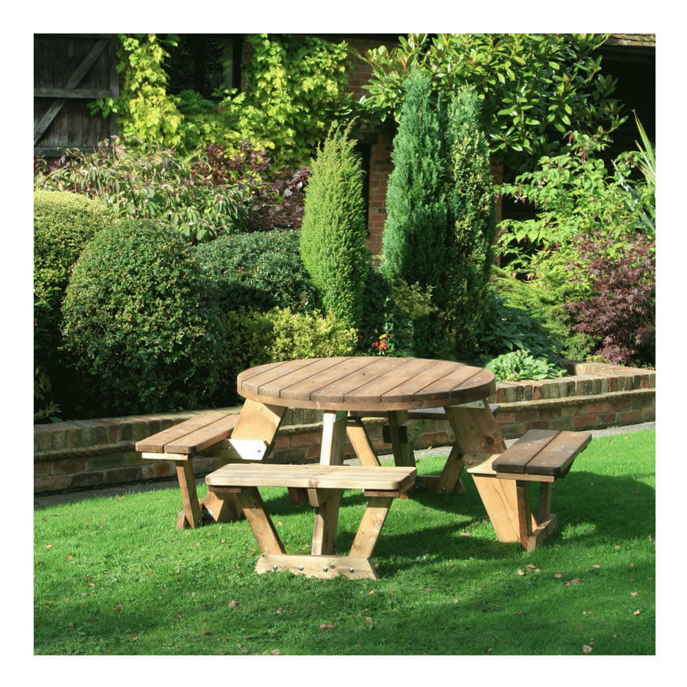Circular wooden picnic bench with integral benches Maple Leaf